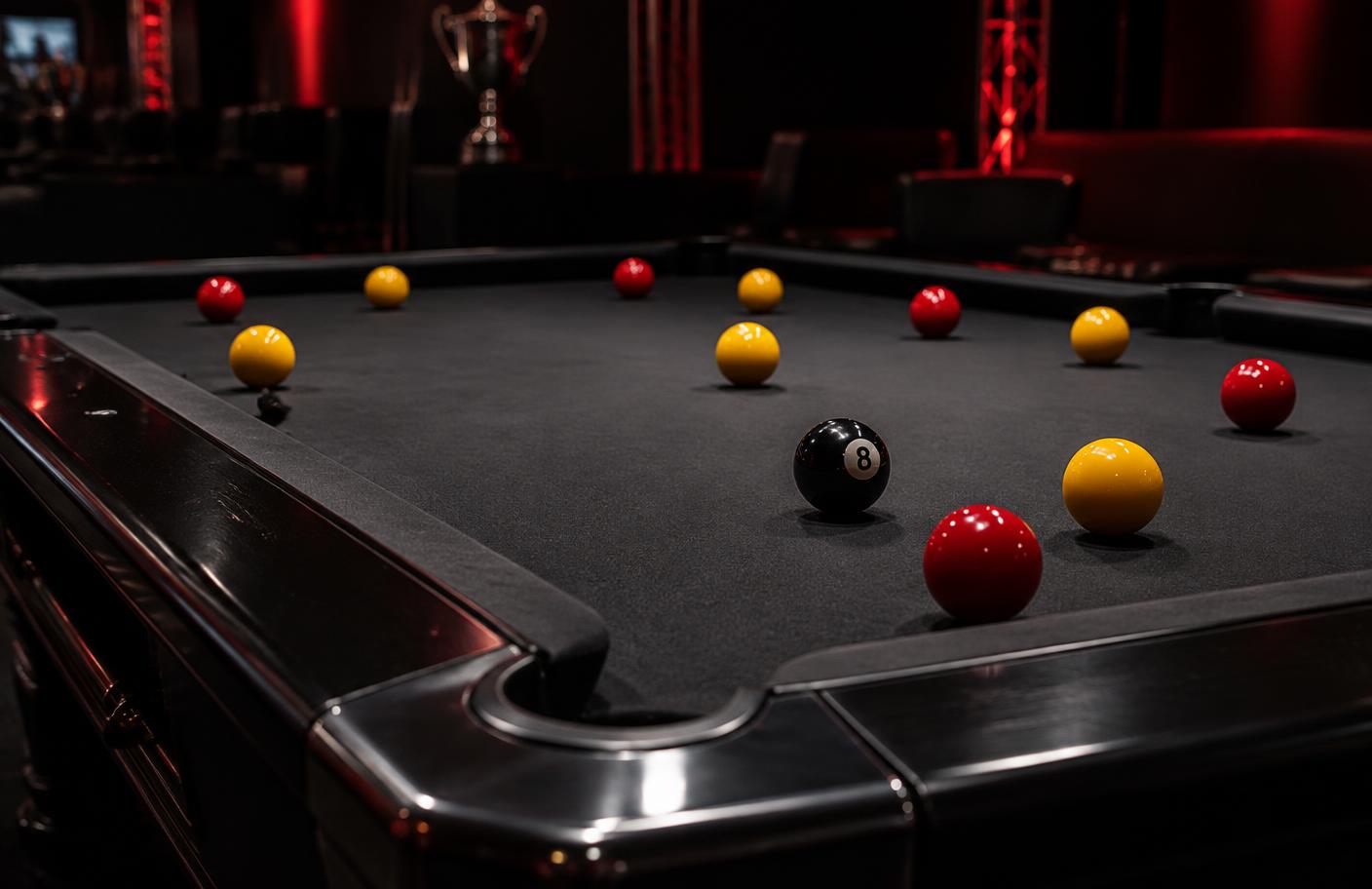 Competition blackball table under focused venue lighting