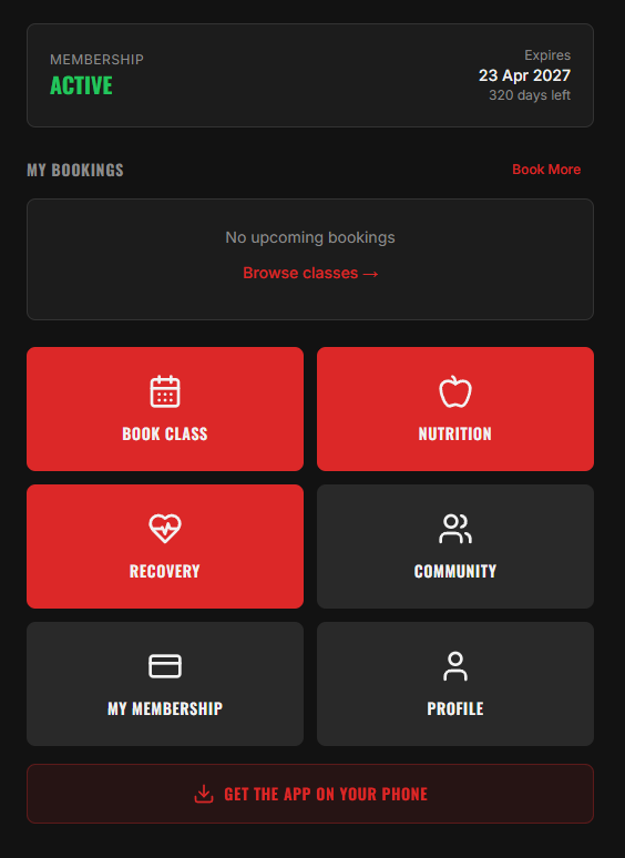 Fight Factory member dashboard showing active membership, bookings and quick actions