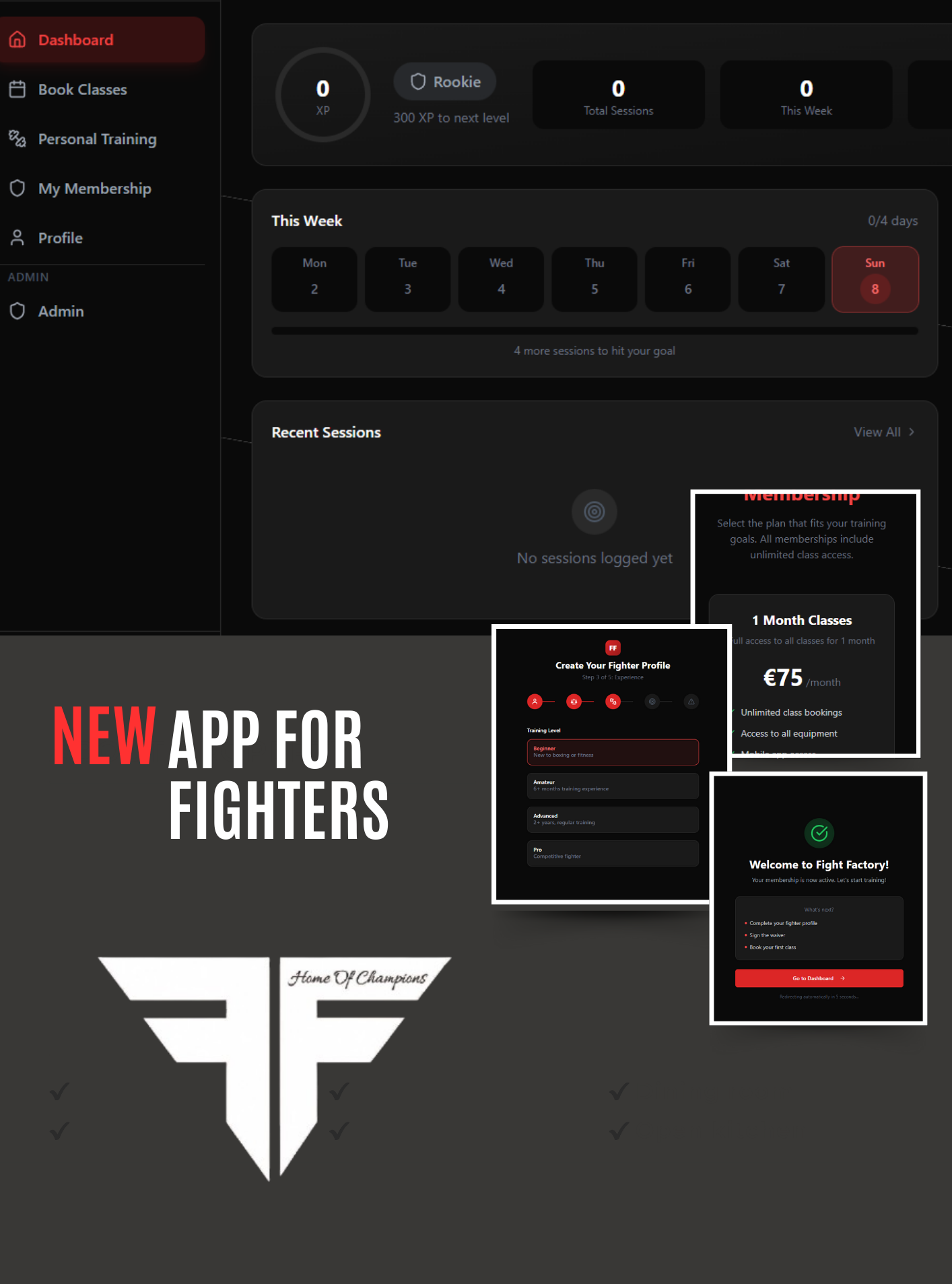 Fight Factory app showcase featuring dashboard, fighter profile, membership and welcome screens