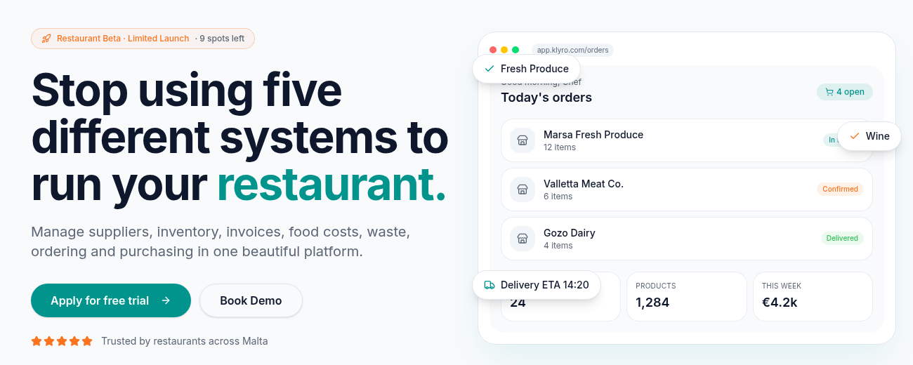 KLYRO marketing website hero with the free trial call to action next to the live ordering dashboard