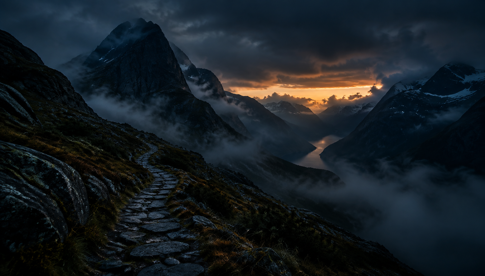 An old stone path through a dark Norwegian mountain landscape at dusk — the atmospheric visual style of the Østvegen brand